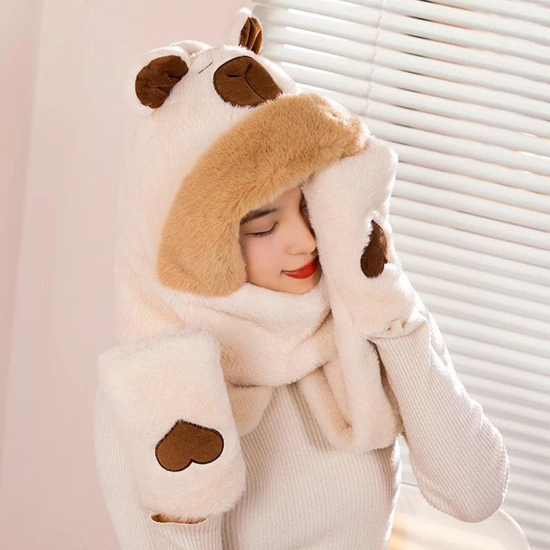 Cute Plush Bear Hooded Scarf with Heart Pockets - Image 4
