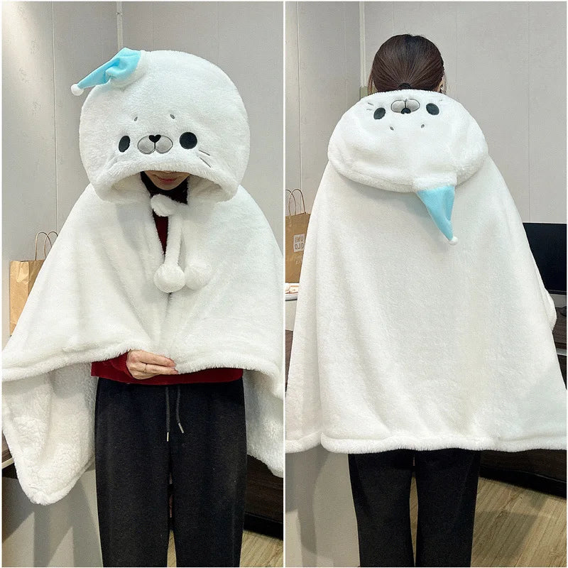 Cute White Plush Seal Hoodie with Blue Fin - Image 5