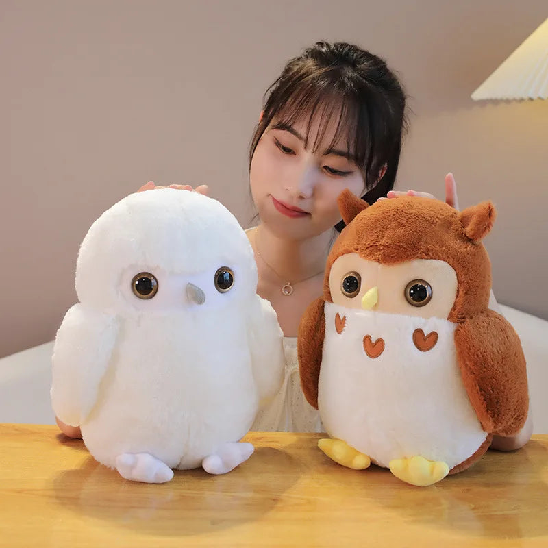 Chubby Brown and White Owl Plush Toy with Hearts