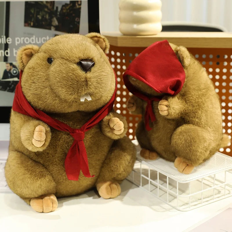 Cute Brown Plush Beaver with Red Babushka Scarf - Image 3