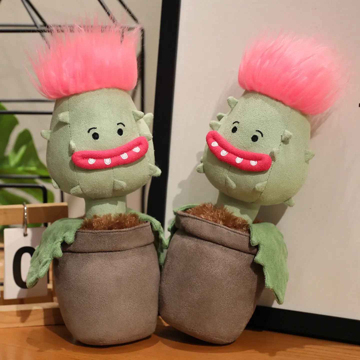 Potted Green Plush Plant with Pink Spiky Hair - Image 5