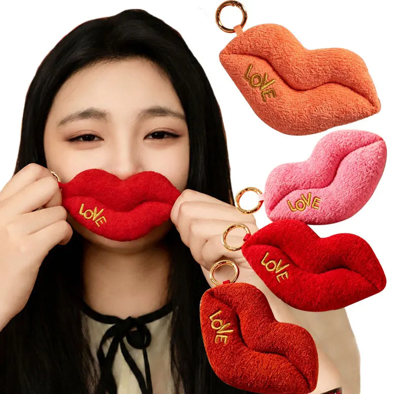 Red Plush Lips Keychain with Gold LOVE Detail