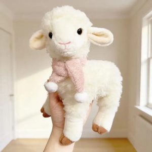 Creamy White Plush Lamb with Pink Pom-Pom Scarf