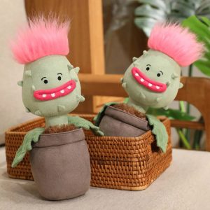 Potted Green Plush Plant with Pink Spiky Hair