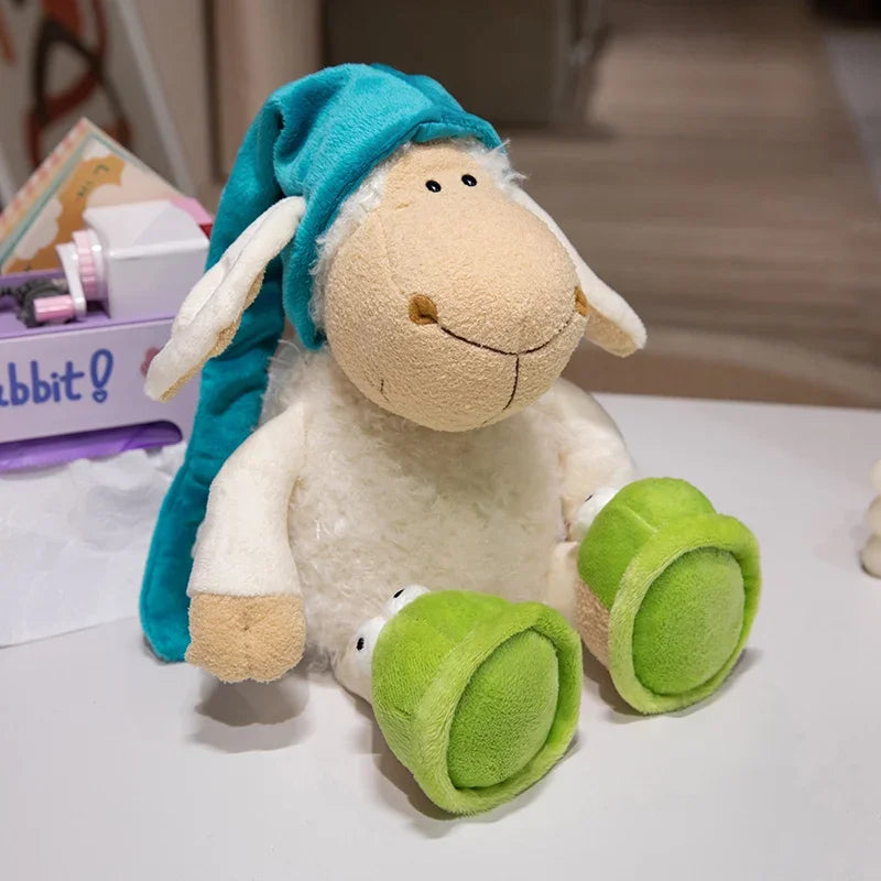 Beige Sheep Plush Toy in Teal Cap and Frog Slippers - Image 5