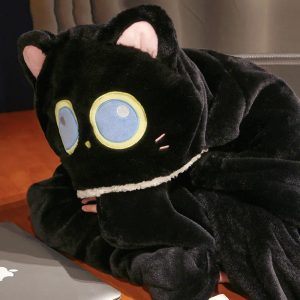 Cute Black Cat Plush Wearable Blanket with Blue Eyes