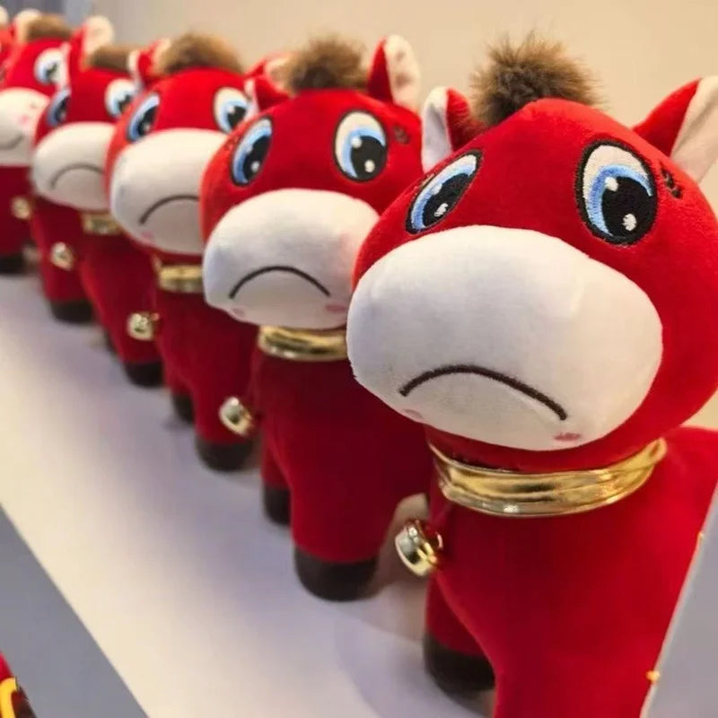 Red Sad-Faced Plush Pony with Gold Bell - Image 2