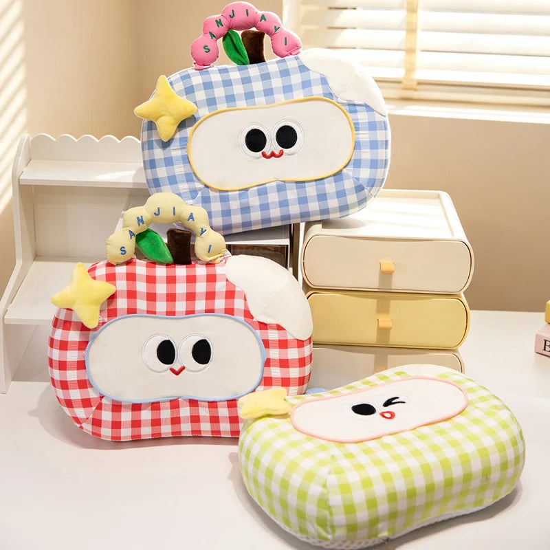 Gingham Plush Nap Pillow with Cute Cartoon Face - Image 6