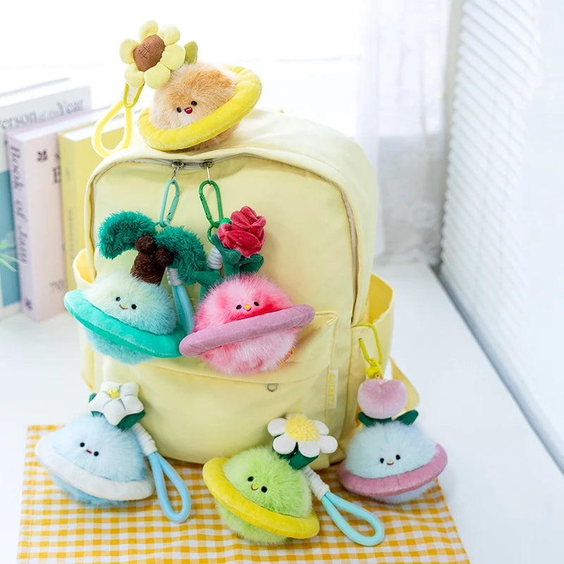 Cute Fluffy Planet Character Keychain Set with Flowers - Image 4