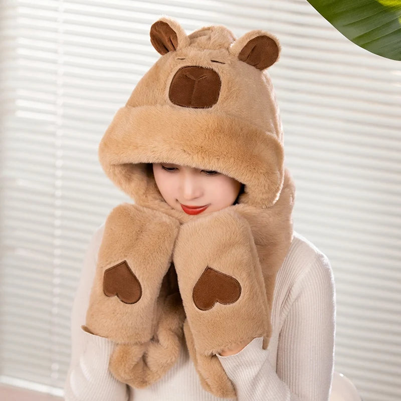 Cute Plush Bear Hooded Scarf with Heart Pockets - Image 5
