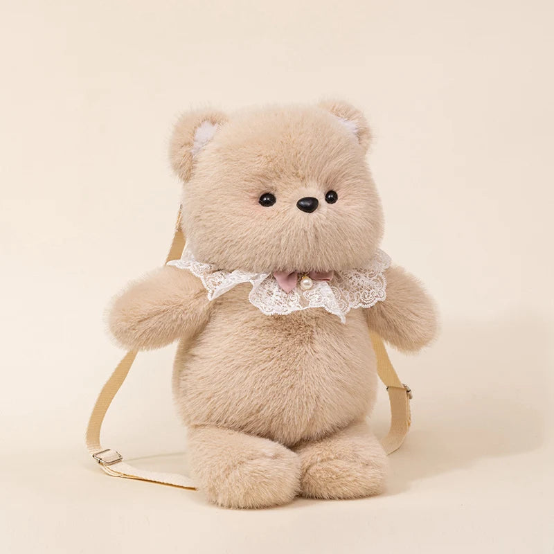 Kawaii Beige Plush Bear Shoulder Bag with Lace - Image 9