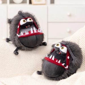 Gray Furry Monster Plush with Wide Red Mouth