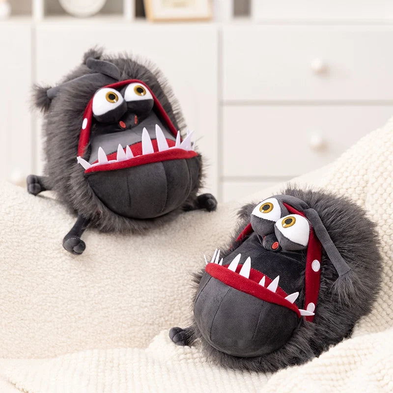Gray Furry Monster Plush with Wide Red Mouth