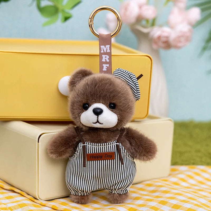 Plush Bear Keychain with Striped Overalls and Hat - Image 7