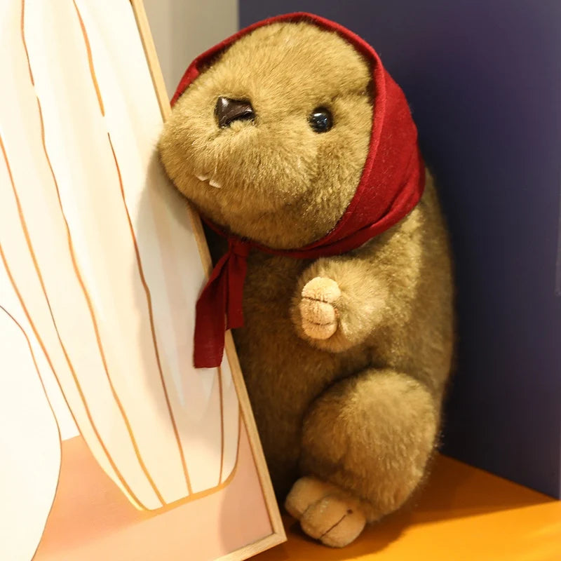 Cute Brown Plush Beaver with Red Babushka Scarf - Image 4