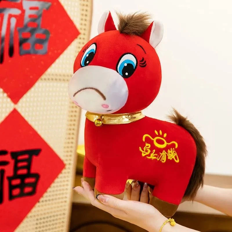 Red Sad-Faced Plush Pony with Gold Bell - Image 5