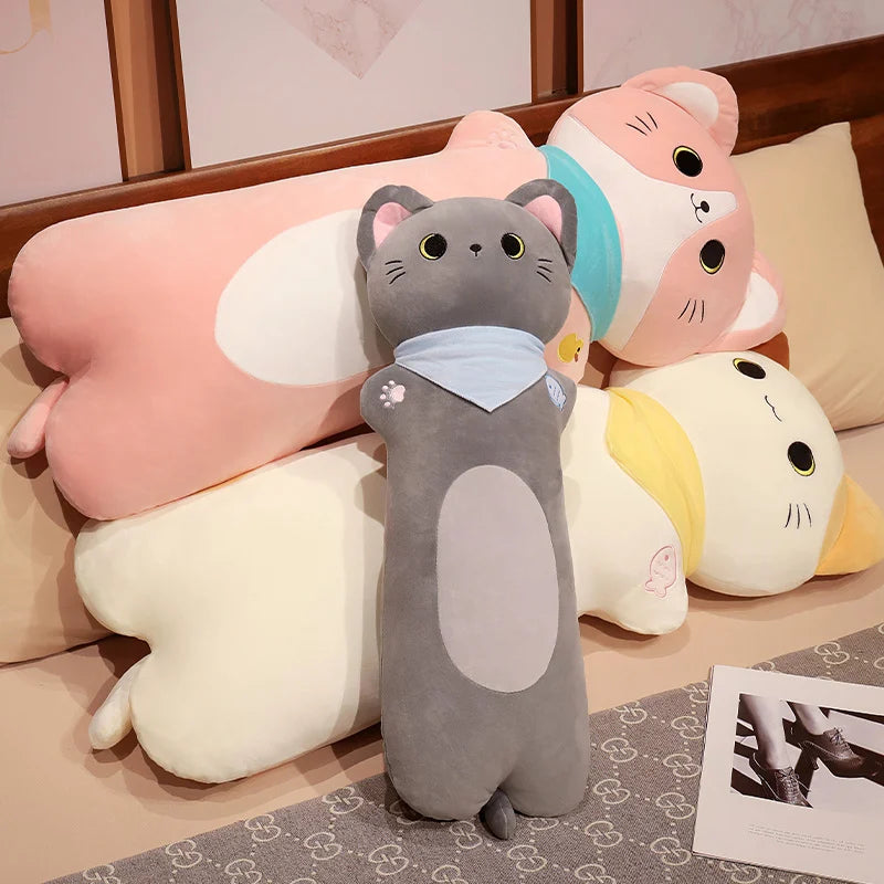 Soft Grey Plush Cat Body Pillow with Scarf - Image 2