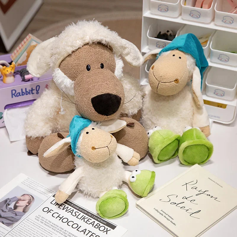Beige Sheep Plush Toy in Teal Cap and Frog Slippers - Image 3