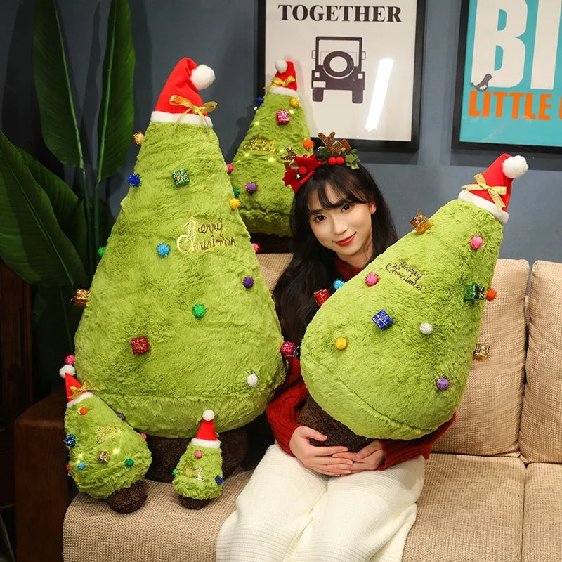 Fuzzy Green Christmas Tree Plush Pillow with Hat