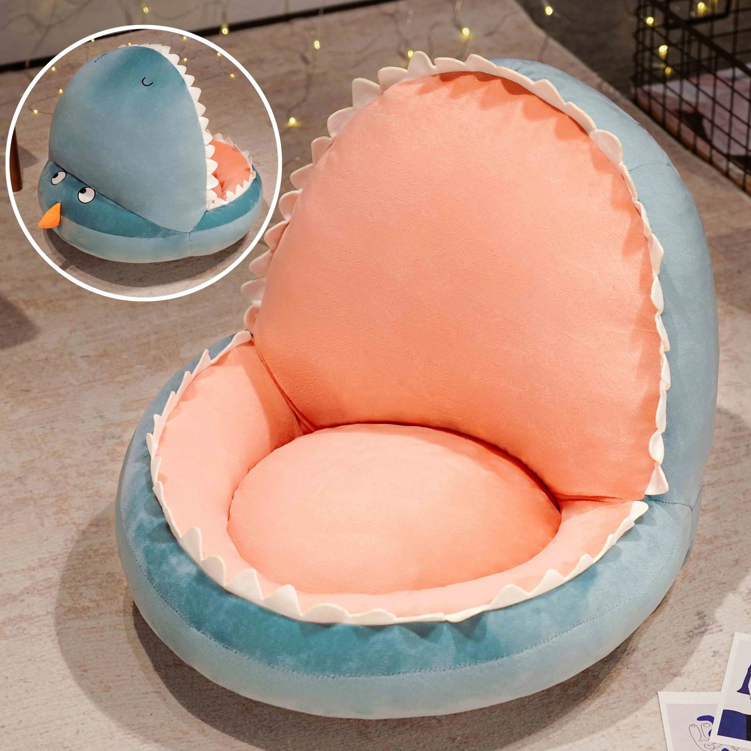 Cozy Grey Plush Shark Open Mouth Floor Bed - Image 8