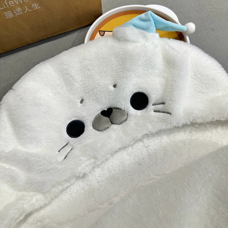 Cute White Plush Seal Hoodie with Blue Fin - Image 6