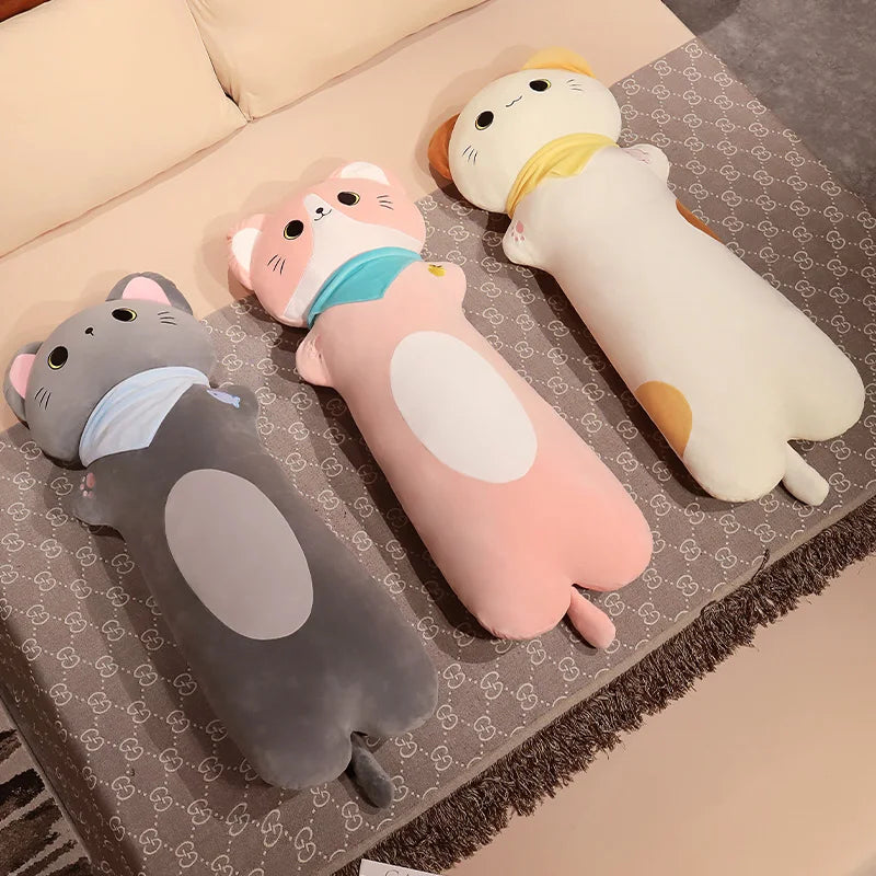 Soft Grey Plush Cat Body Pillow with Scarf - Image 4