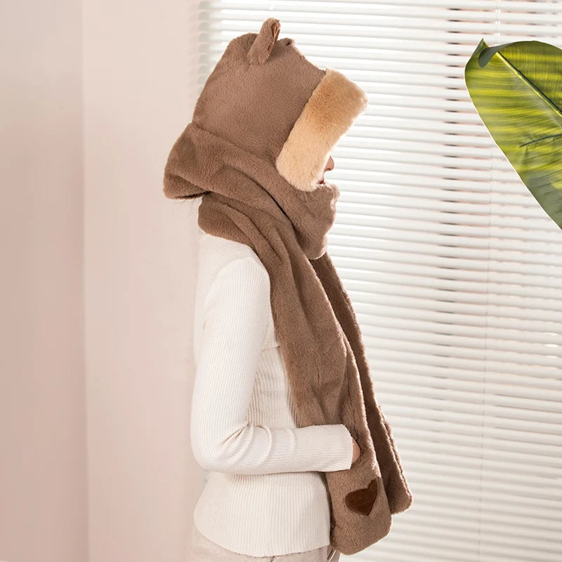 Cute Plush Bear Hooded Scarf with Heart Pockets - Image 2