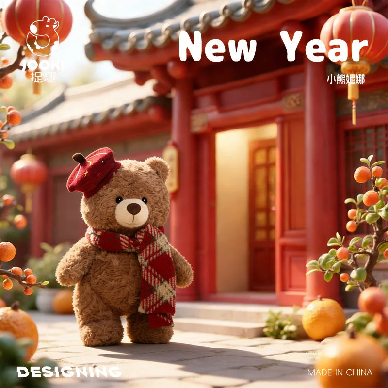 Fluffy Brown Bear with Red Beret and Plaid Scarf