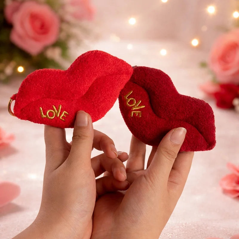 Red Plush Lips Keychain with Gold LOVE Detail - Image 2