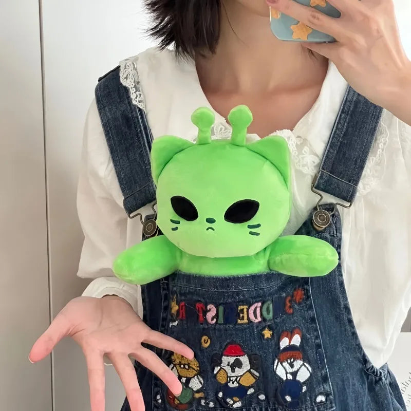 Grumpy Green Alien Cat Plush with Antennae - Image 4