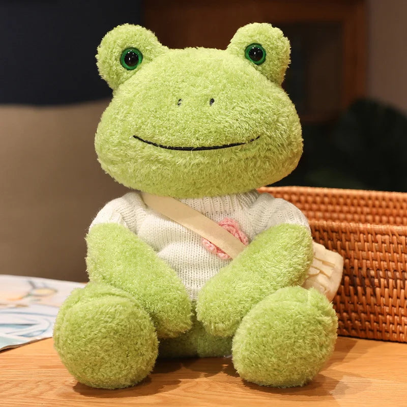 Cute Green Plush Frog with Knitted Sweater & Bag - Image 16