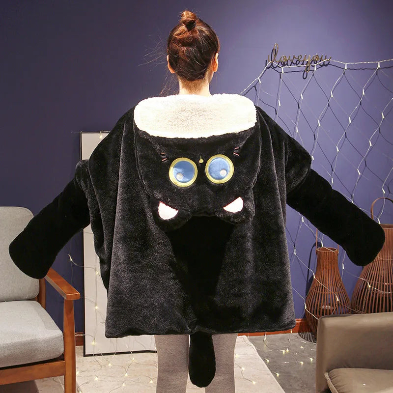 Cute Black Cat Plush Wearable Blanket with Blue Eyes - Image 5