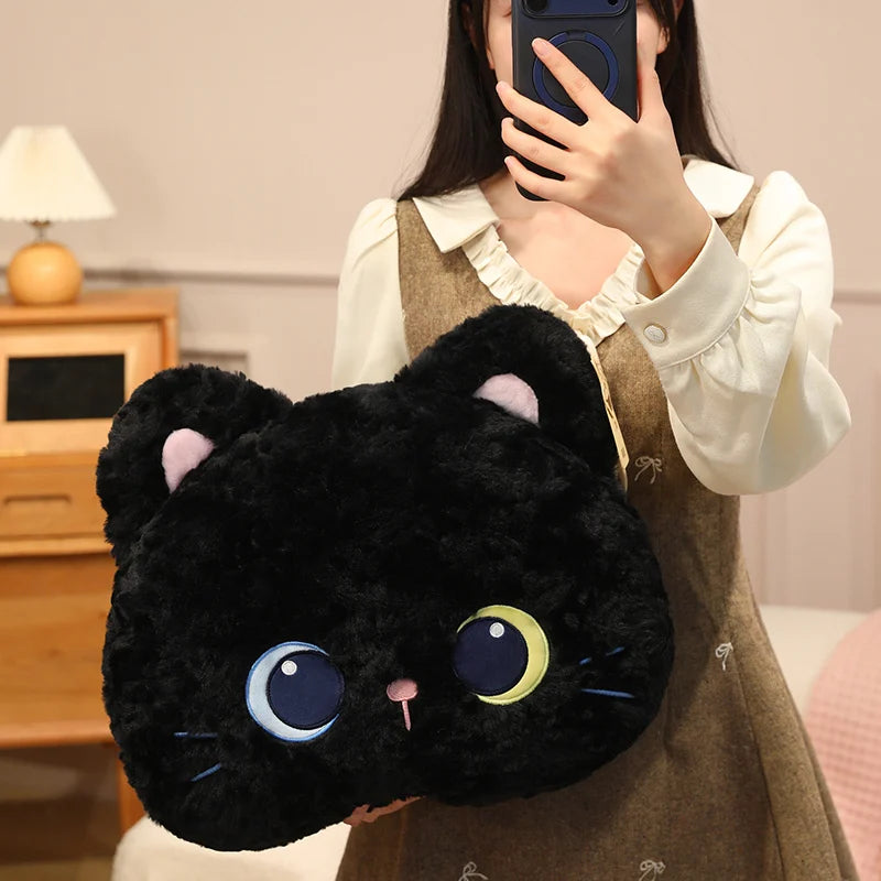 Fluffy Black Cat Plush Pillow with Crescent Eyes - Image 4