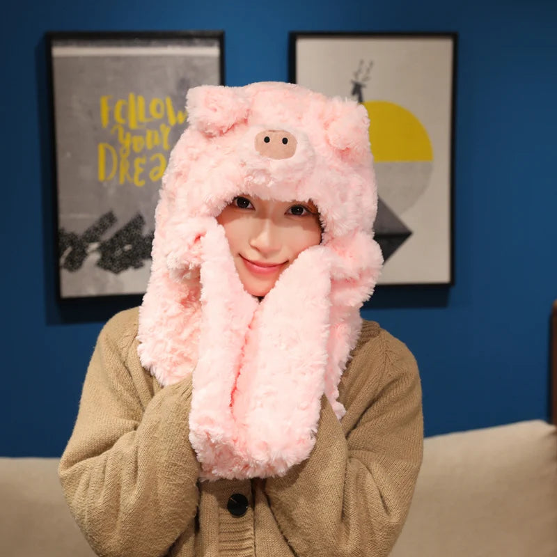 Pale Pink Pig Plush Hooded Scarf - Image 2