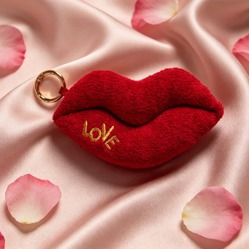Red Plush Lips Keychain with Gold LOVE Detail - Image 12