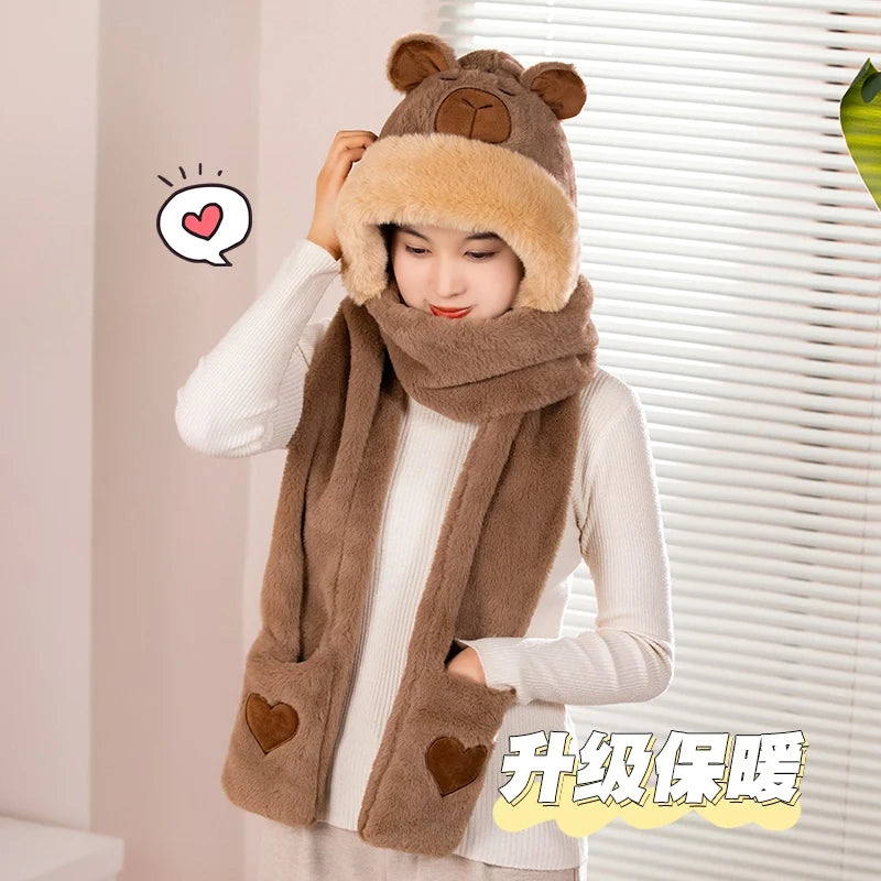 Cute Plush Bear Hooded Scarf with Heart Pockets - Image 8
