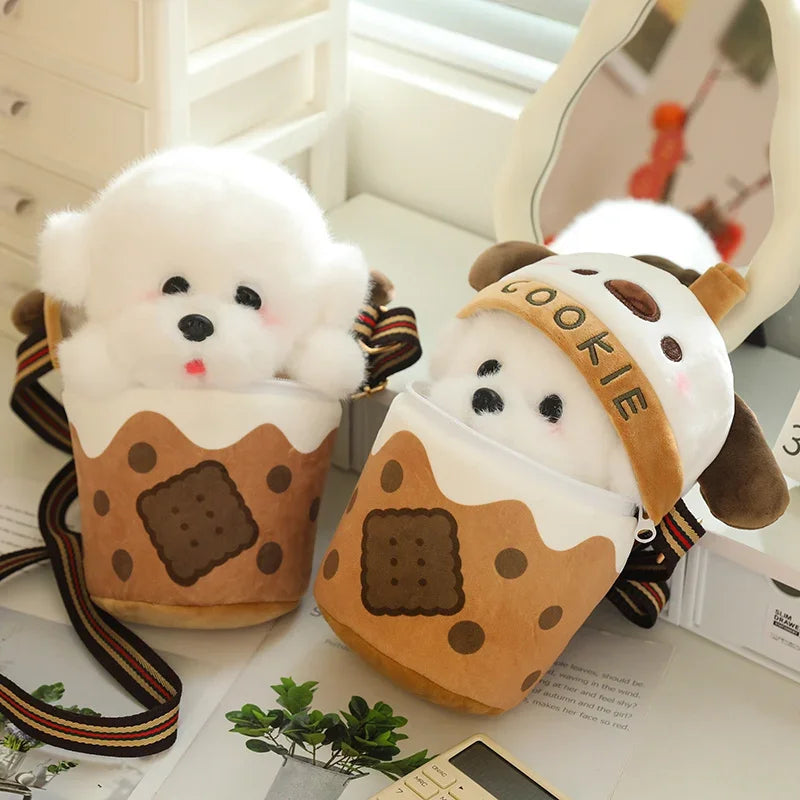 Cute White Dog Bubble Tea Plush Crossbody Bag with Cookie - Image 3