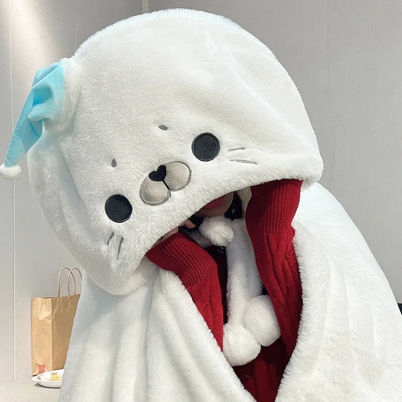 Cute White Plush Seal Hoodie with Blue Fin - Image 7
