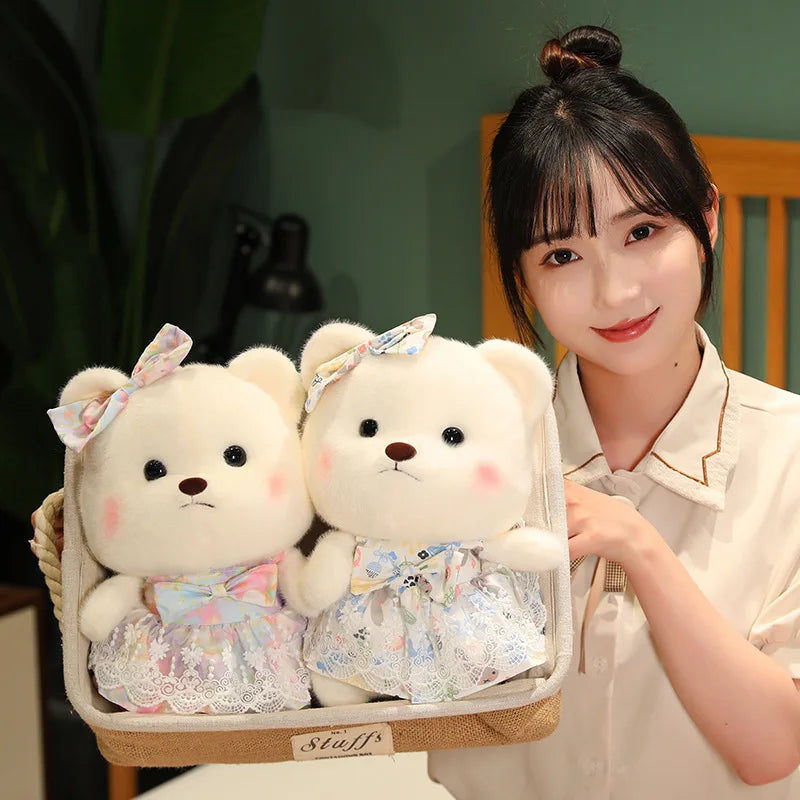 Cute Cream Plush Bear in Pink Polka Dot Dress - Image 4
