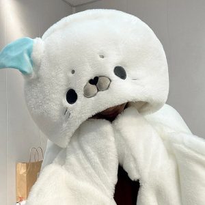 Cute White Plush Seal Hoodie with Blue Fin