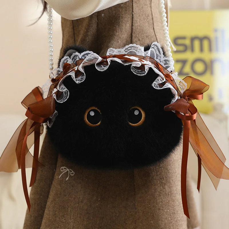 Kawaii Calico Cat Plush Crossbody Bag with Pearl Chain - Image 7