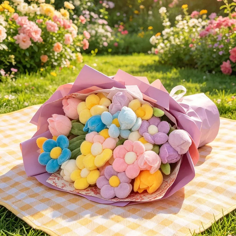 Mixed Pastel Plush Daisy and Tulip Bouquet - Image 3