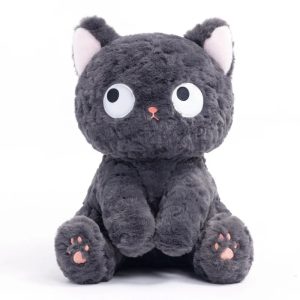 Dark Grey Plush Cat with Wide Eyes and Pink Paws