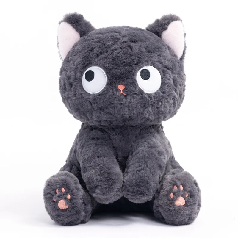 Dark Grey Plush Cat with Wide Eyes and Pink Paws