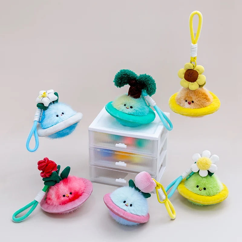 Cute Fluffy Planet Character Keychain Set with Flowers - Image 3