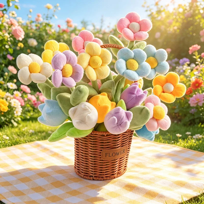 Mixed Pastel Plush Daisy and Tulip Bouquet - Image 2