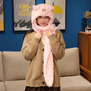Pale Pink Pig Plush Hooded Scarf