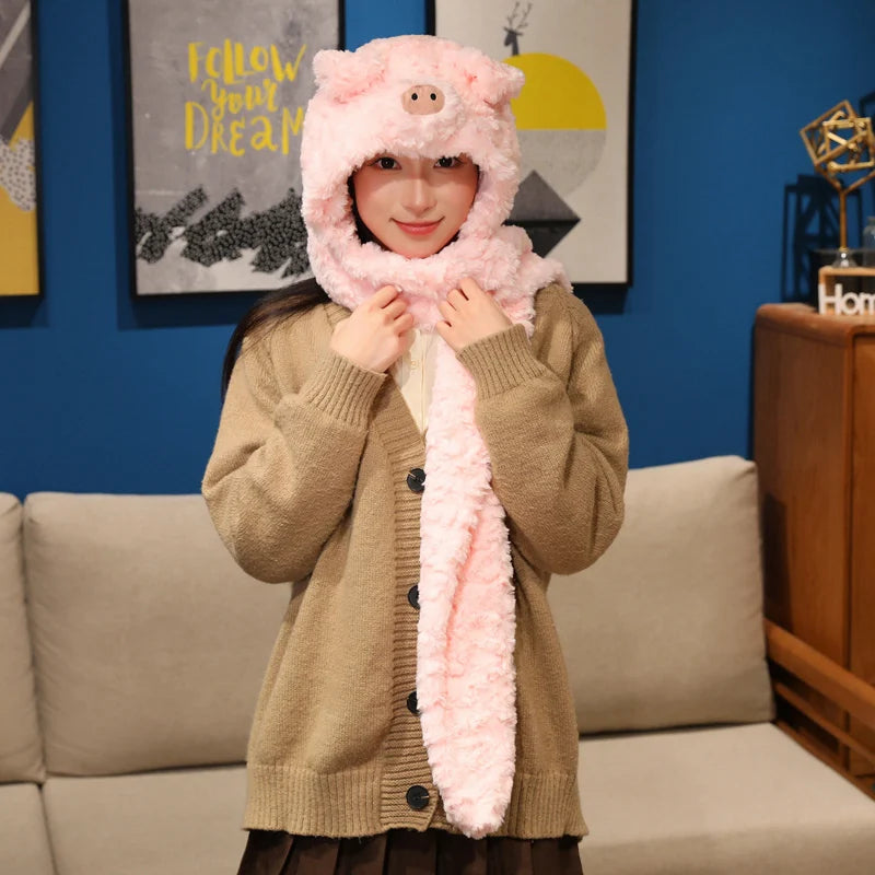 Pale Pink Pig Plush Hooded Scarf