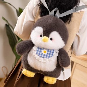 Cute Plush Penguin Backpack with Blue Gingham Bib