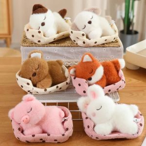 Cute Sleeping Animal Plush in Polka Dot Bed